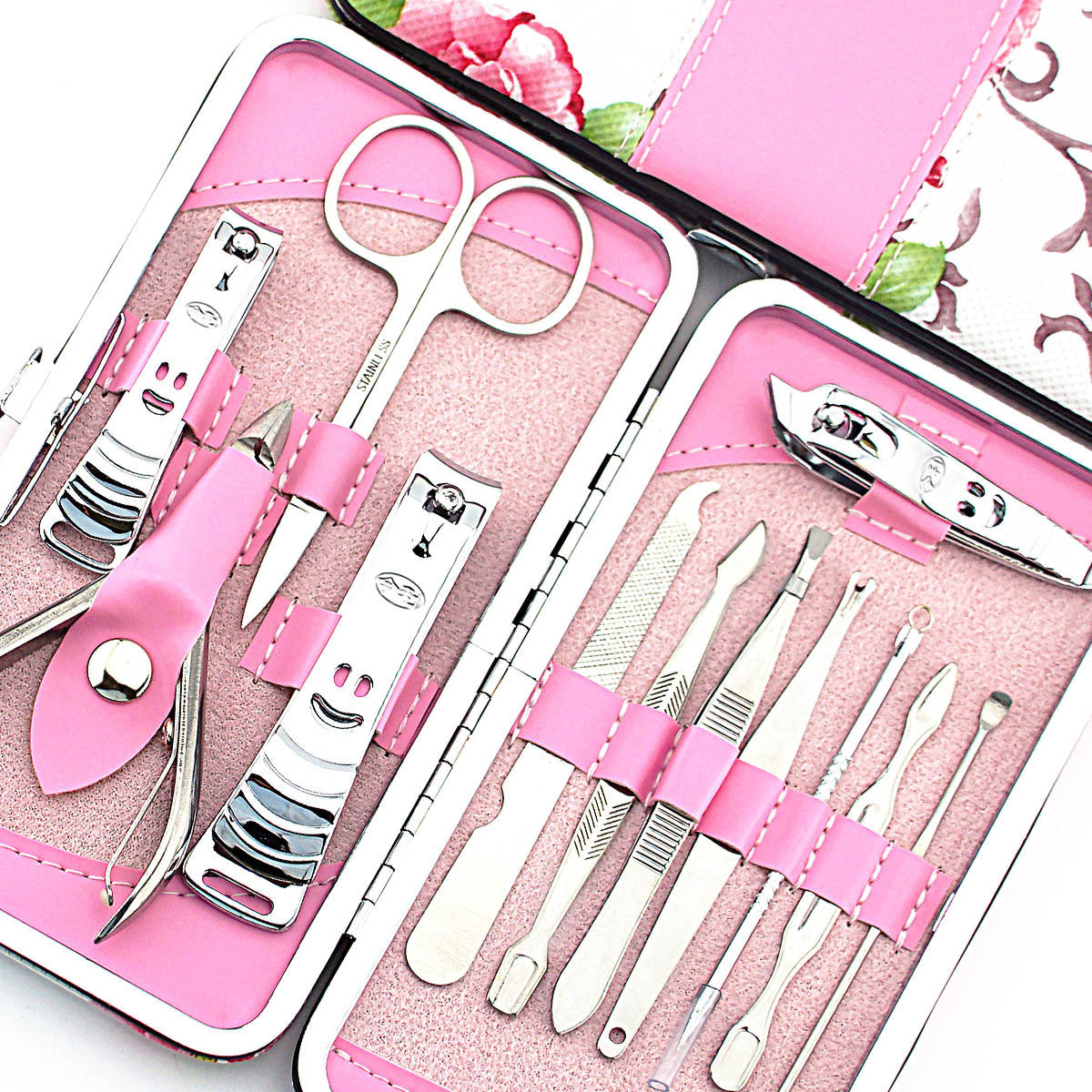Nail Clipper Set Stainless Steel 12 Piece Pink Flower Nail Scissors Manicure manicure tools rose -12 Nail Clipper Set Stainless Steel 12 Piece Pink Flower Nail Scissors Manicure manicure tools rose -12
