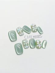 Hand-worn Nail Green Cat's Eye Three-dimensional Embossed Flowers