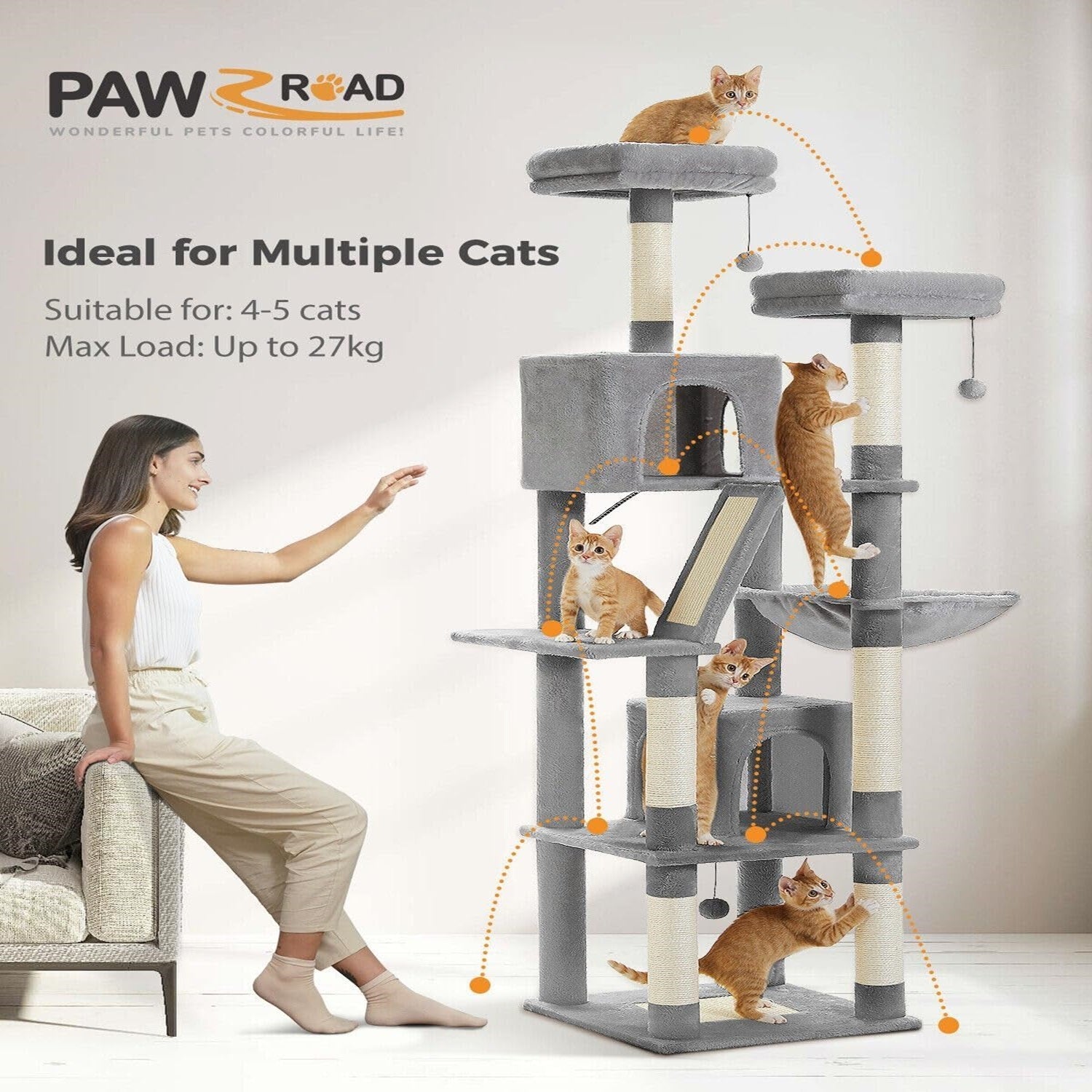 PAWZ Road 180cm Large Cat Tree For Indoor Cats, Multi-Level Cat Tower Cat Scratching Post With 2 Perches, 2 Condos, Hammock And 2 Pompoms Grey