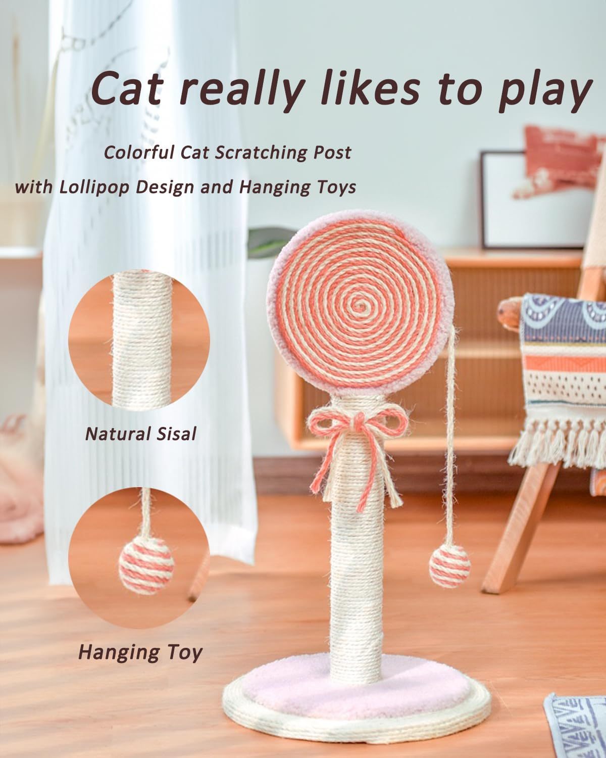 Cat Scratching Post  Cute Kittens Scratch Posts With Hanging Ball Sturdy Post Stable Base Ideal For Indoor Cats Small Large Sizes Kitty Available