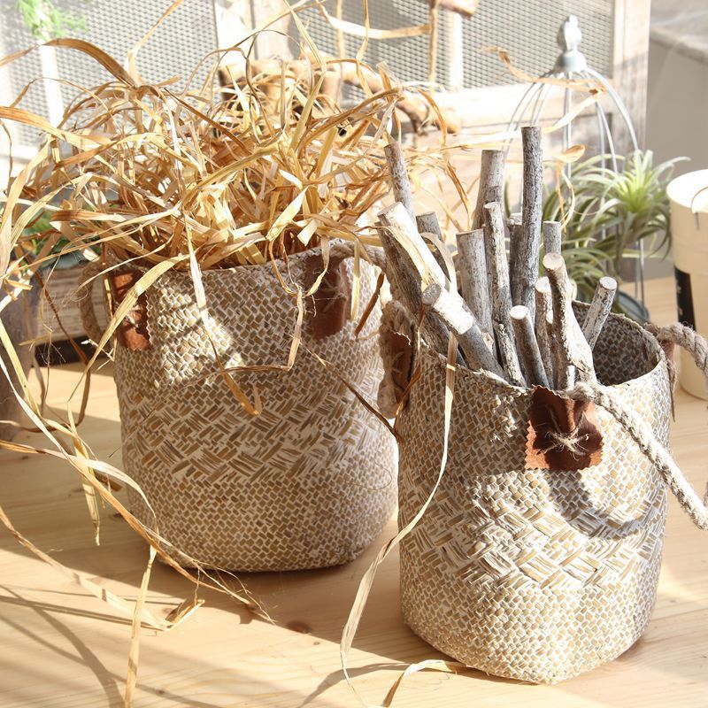 Rural Style Storage Of Natural Straw Woven Flower Pots