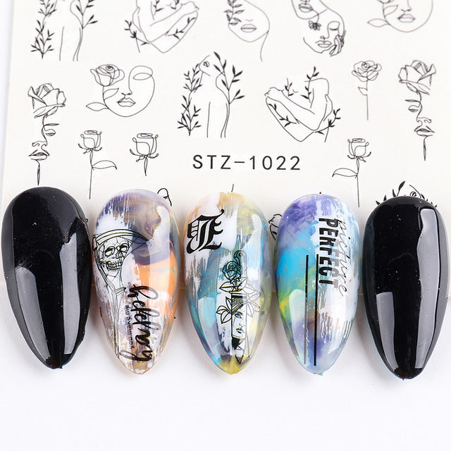 Ins Retro Face Black Line Nail Watermark Sticker French Art Nails