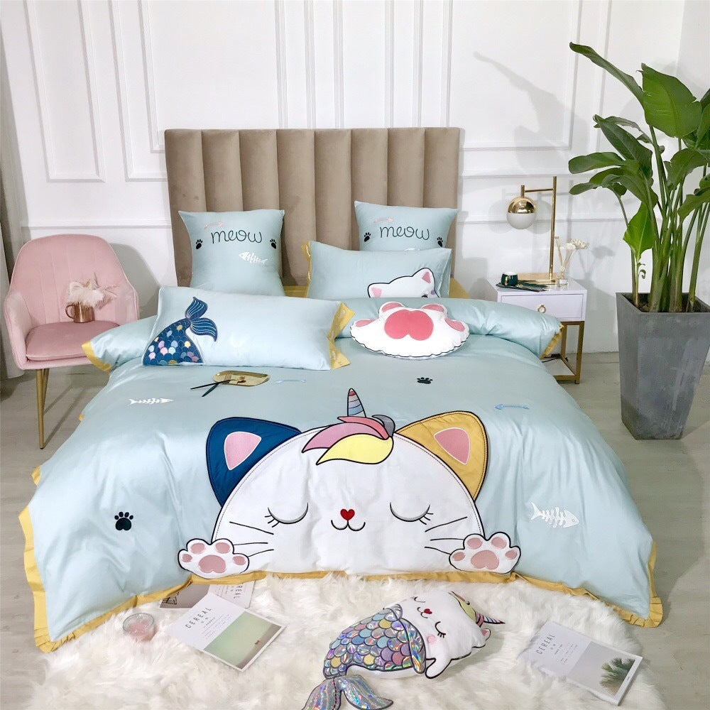 Cotton Satin Cartoon Appliqu Embroidered Princess Wind Bedding Kit