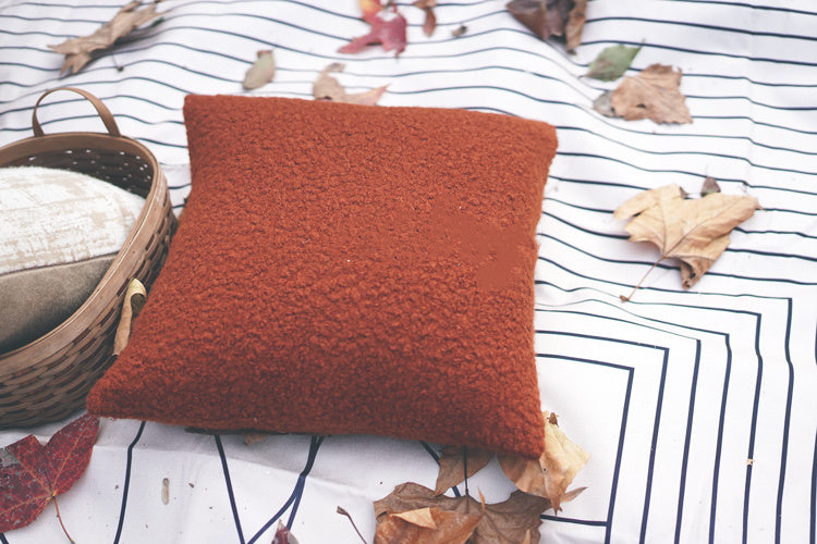 Nordic Warm Caramel Orange Coffee Color Faux Wool Roll Cushion Girl Throw Pillow Model Room Square Pillow