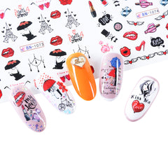 Fashion Ins Style Nail Applique Love Bear Red Lips Watermark Sticker Set