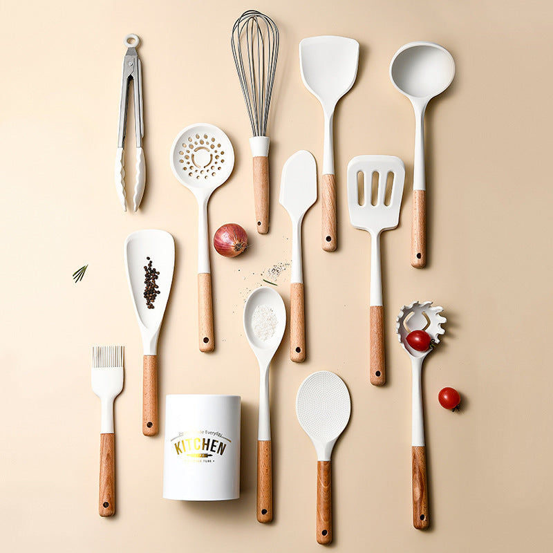 Creamy White Wooden Handle Silicone Kitchenware Set