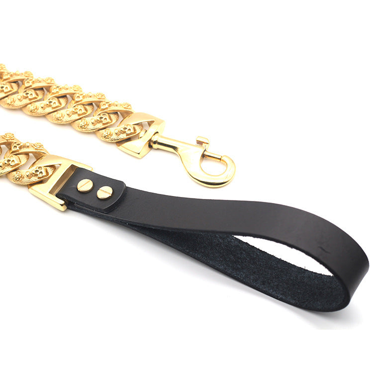 Golden Stainless Steel Leather Dog Chain