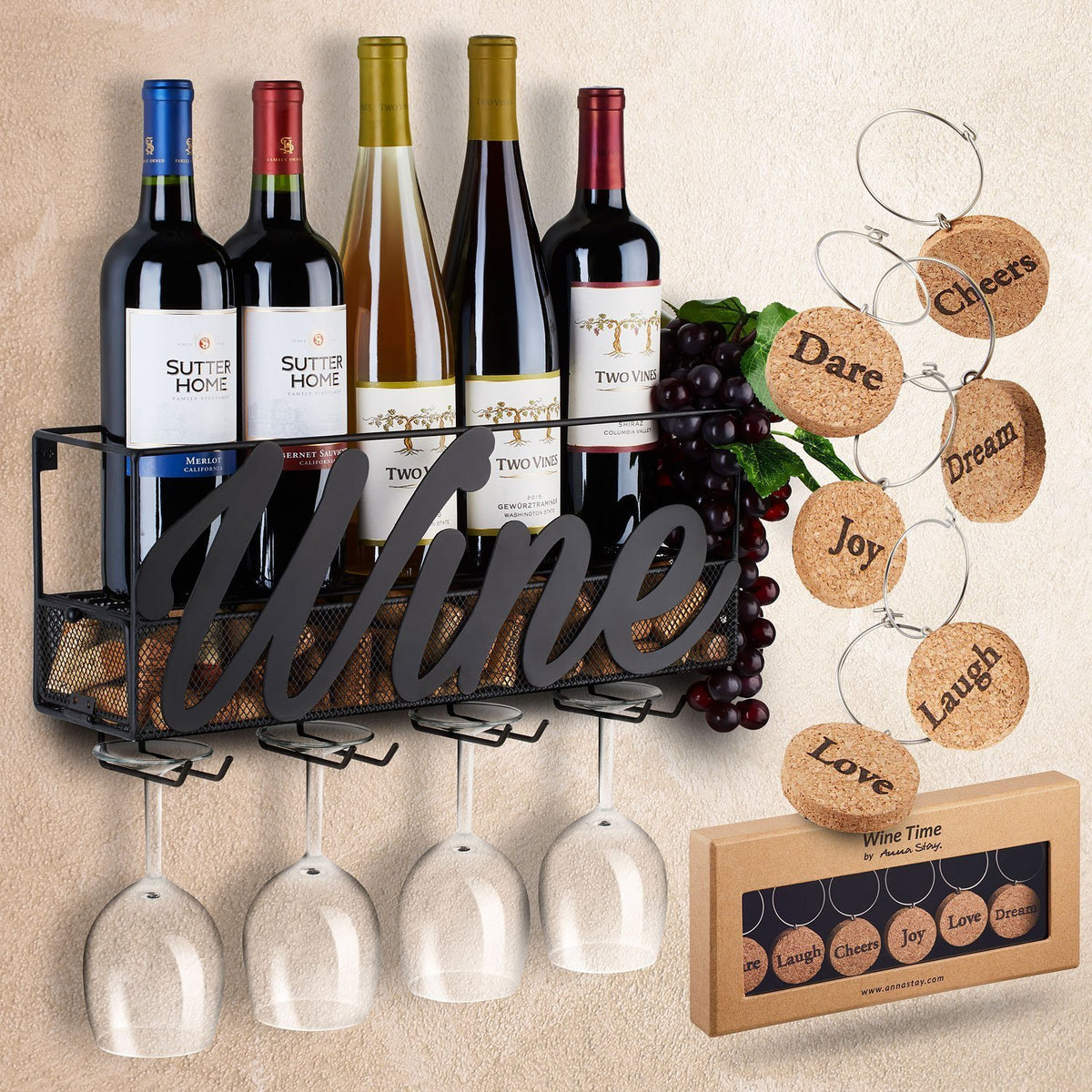 Wine Rack Metal Wall Mount with Bottle and Glass Holder and Cork Storage Store Home Decoration