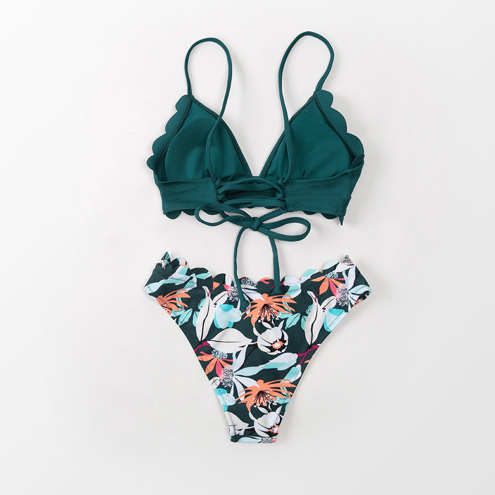 Cute Green Floral Scalloped Bikini Sets Women Swimsuit