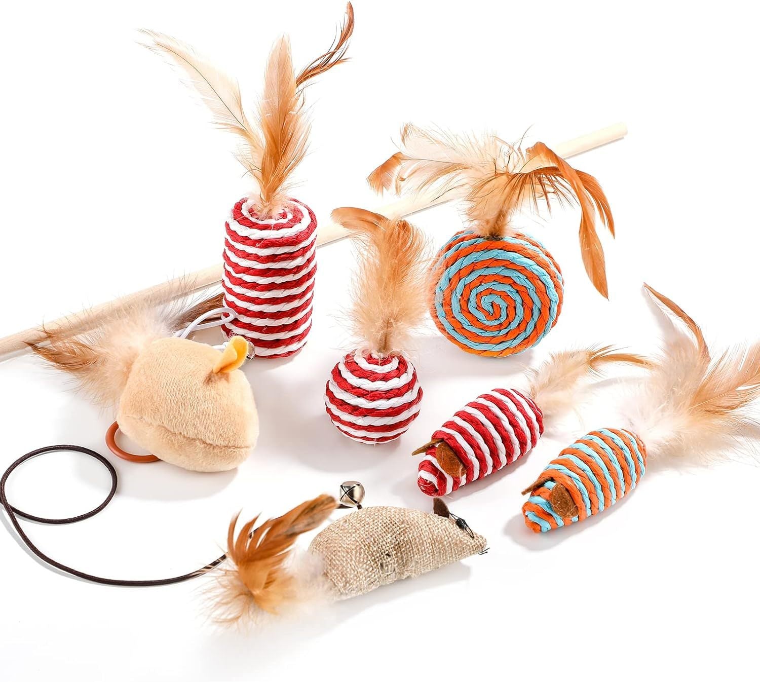 Cat Feather Toy Set, Playing Cats Toys Cat Wand Pet Activity Cat Nip Toys Feather Toys In Gift Box, Set Of 7