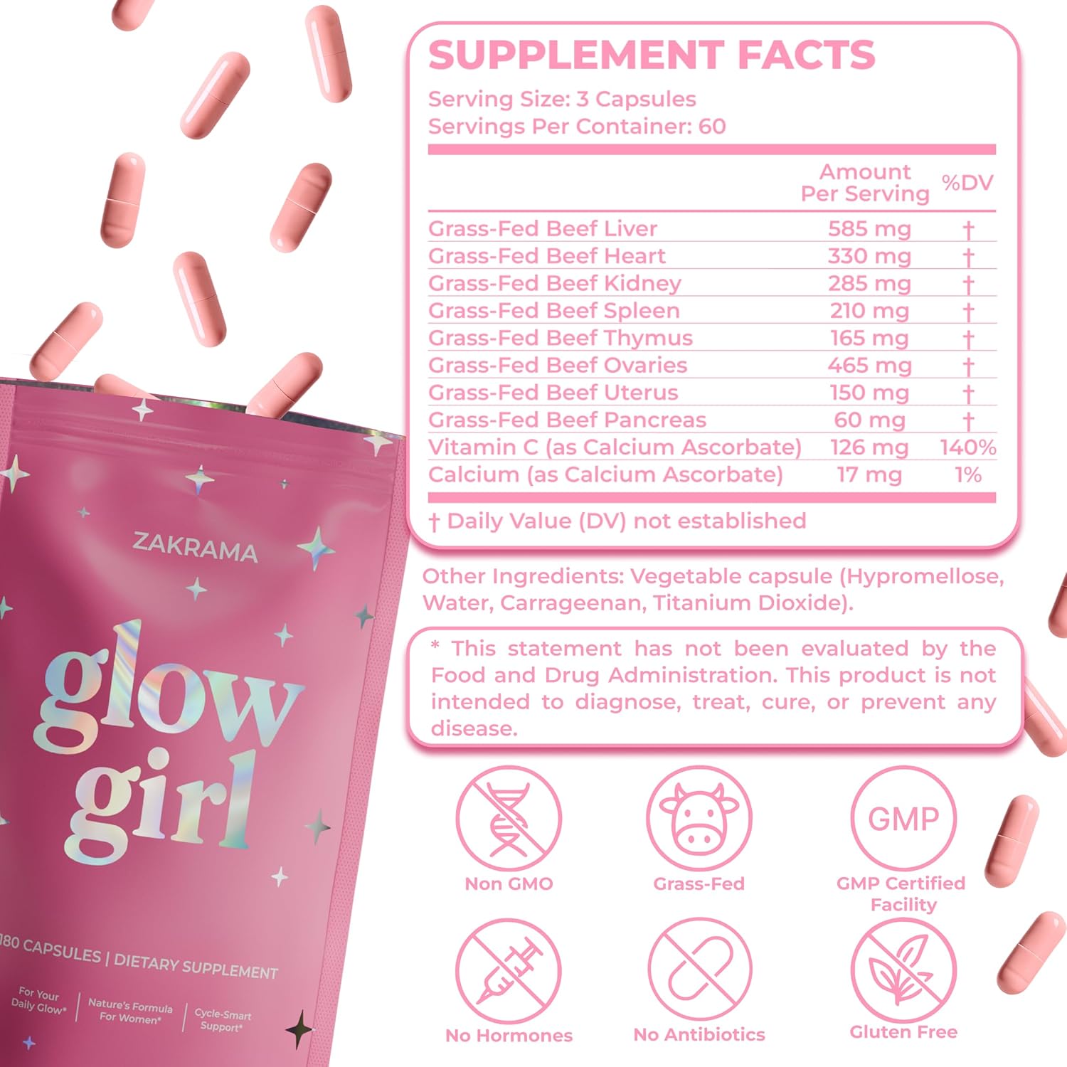 Glow Girl Beef Organ Supplement with Vitamin C for Women – Hormone Balance, Energy, Immunity, Healthy Skin & Hair | Zakrama Organ Capsules (180 Capsules)