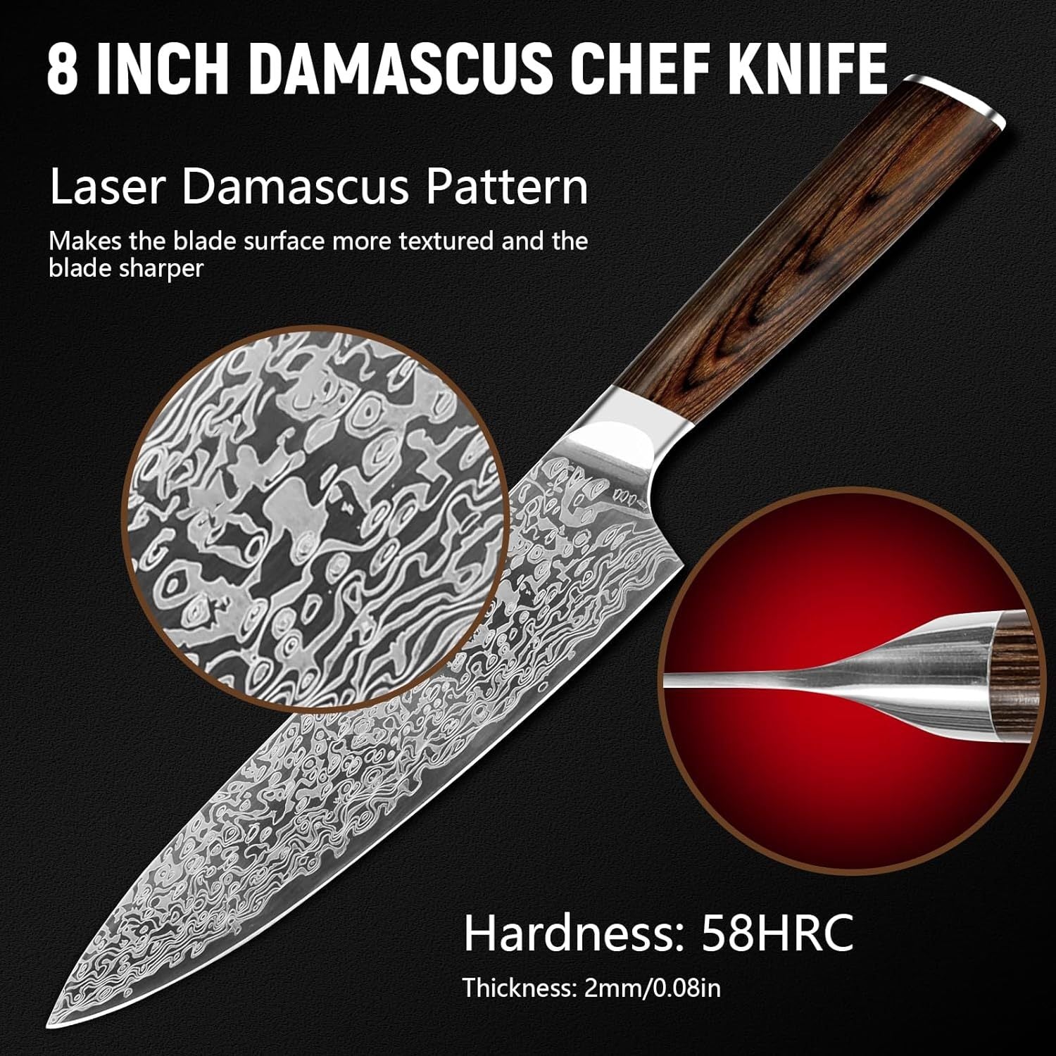 Japanese Vanadium Steel Chef Knife, 7.8 INCH Sharp Kitchen Knives With Laser Pattern And Rosewood Handle