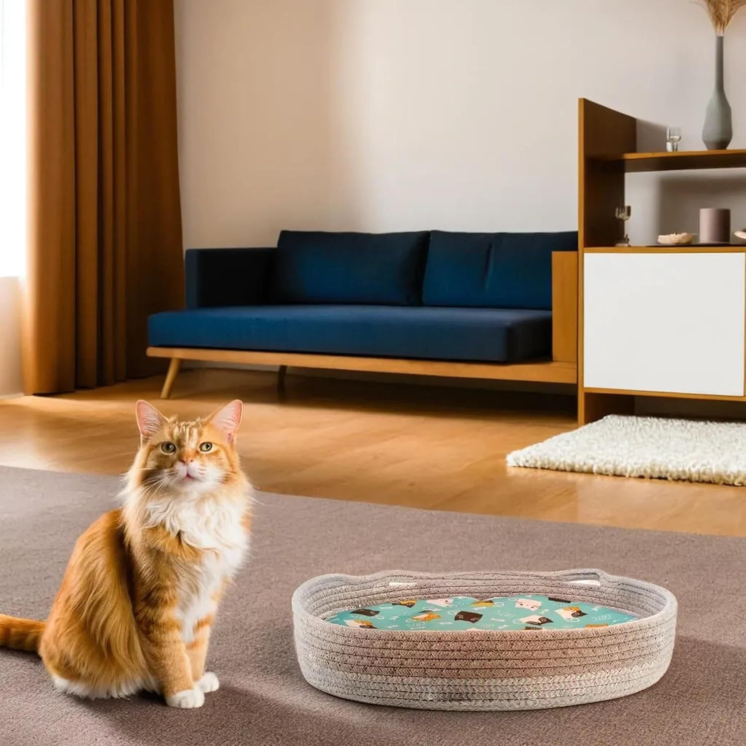 Round Cat Bed For Indoor Cats Cat Basket Bed  Wicker Cat Donut Beds Cooling Cat Nest For Summer Sleeping Washable Pet Pad For Cat Scratching