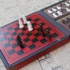 Miniature Three-dimensional Qing Bing Pieces Antique Leather Box Set Chess