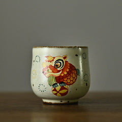 Vintage Rough Pottery Hand Painted Lion Happy Lion Master Cup Teacup