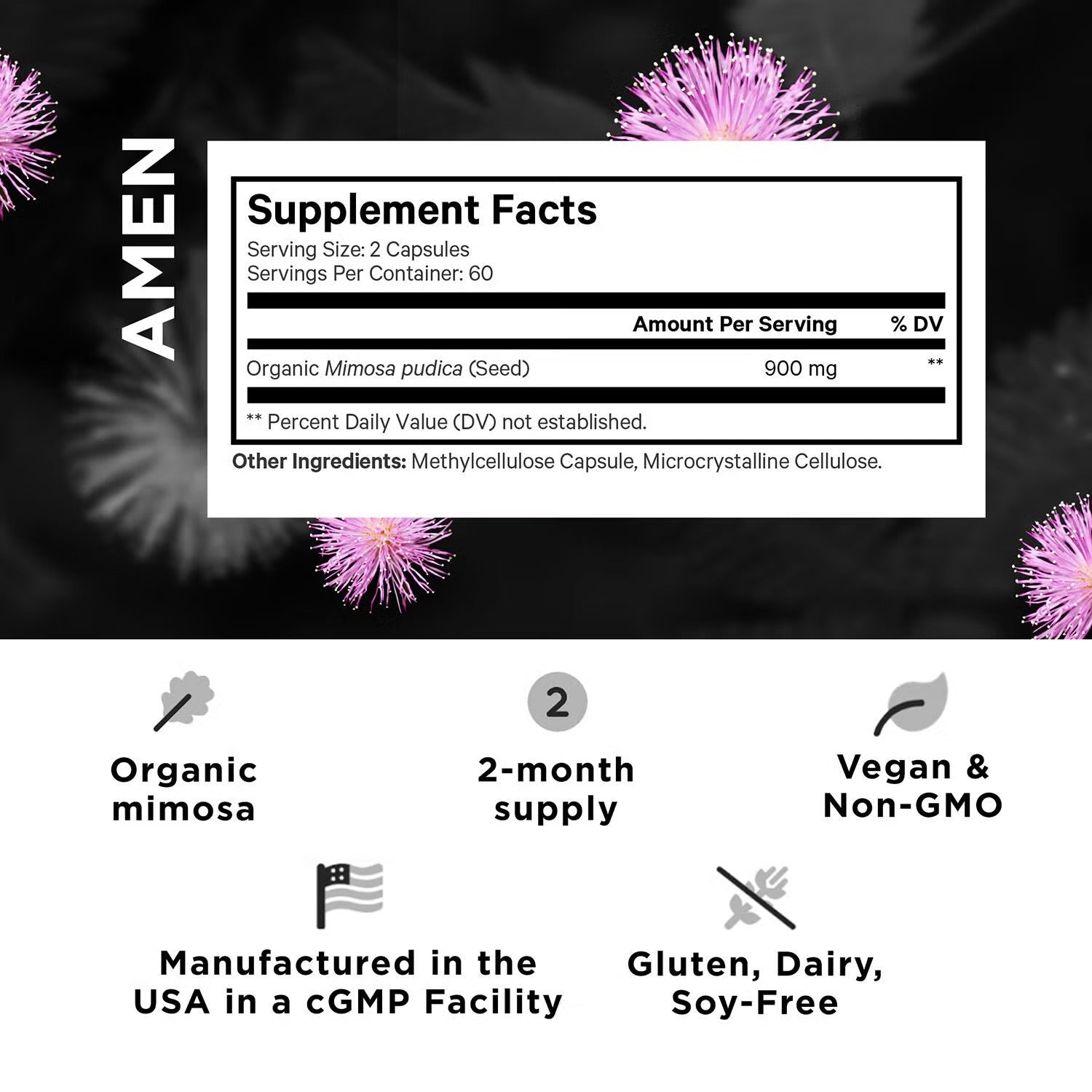 Amen Mimosa Pudica Seed 900 mg - Immune and Digestive Support - 120 Vegetable Capsules (60 Servings)