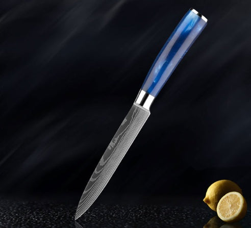 Damascus Pattern Blue Resin Handle Kitchen Knife Set