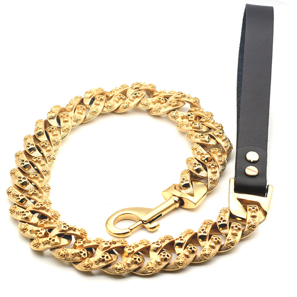 Golden Stainless Steel Leather Dog Chain