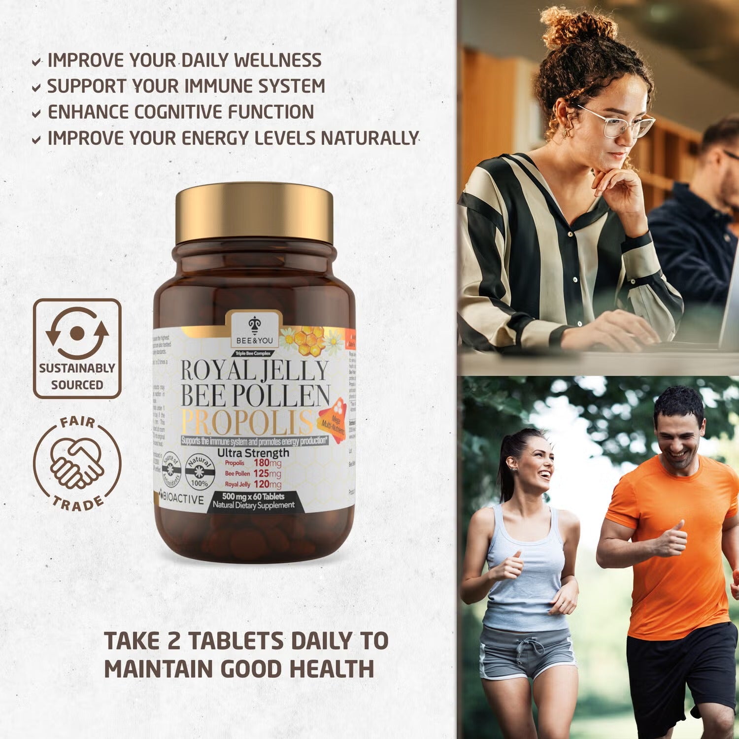 Triple Bee Complex: Royal Jelly Bee Pollen Propolis 500mg - 60 Tablets (30 Servings)