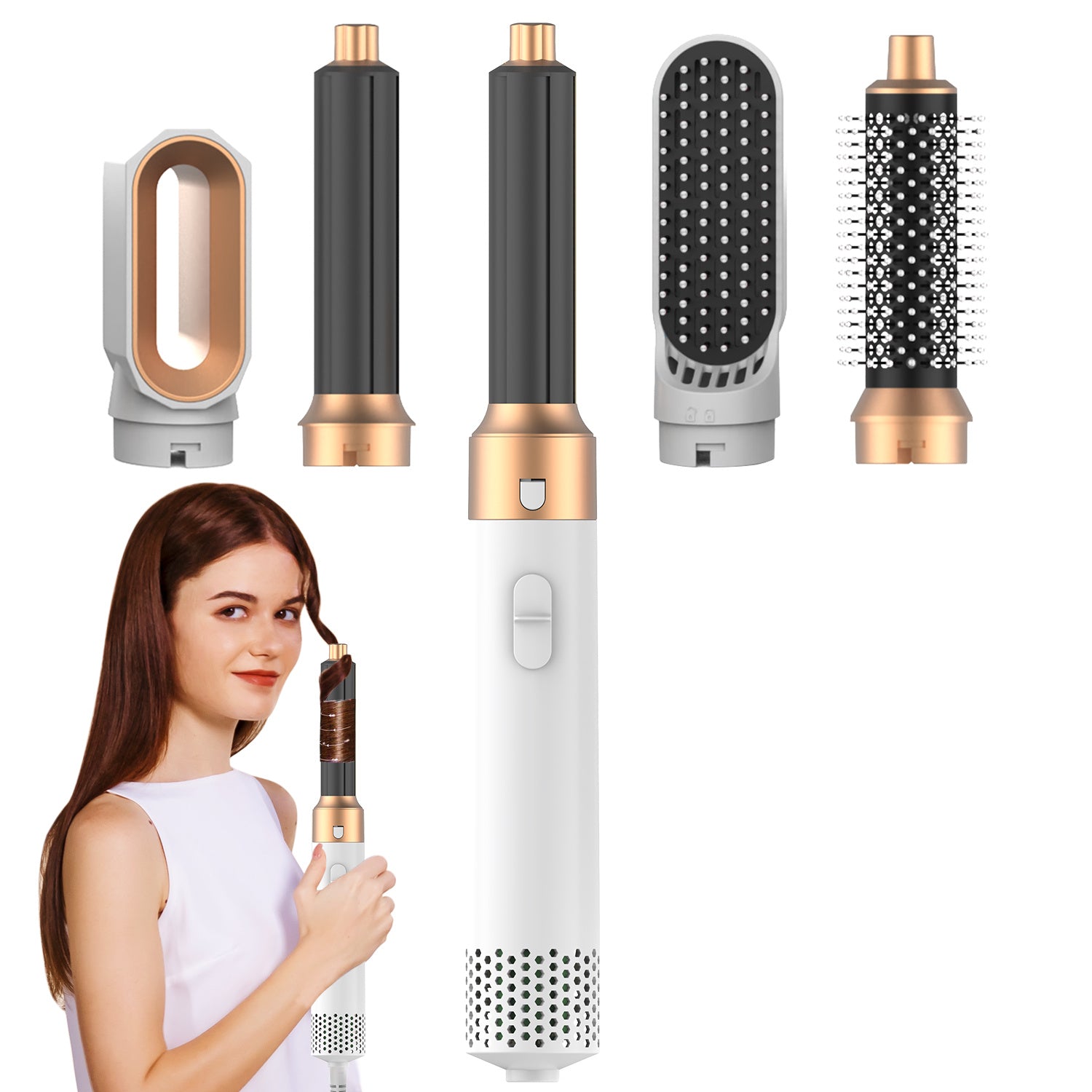 Hair Dryer Brush, Hot Air Brush, 5 In 1 Blow Dryer Brush For Drying Straightening Curling Volumizing Multi Hair Style, White Gold