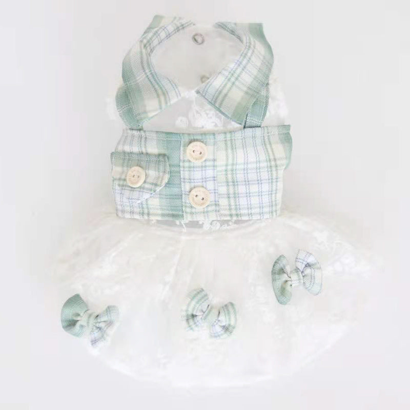 Dog Clothes Mint Green Small Plaid Fake Two-piece Dress