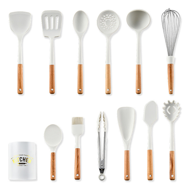 Creamy White Wooden Handle Silicone Kitchenware Set