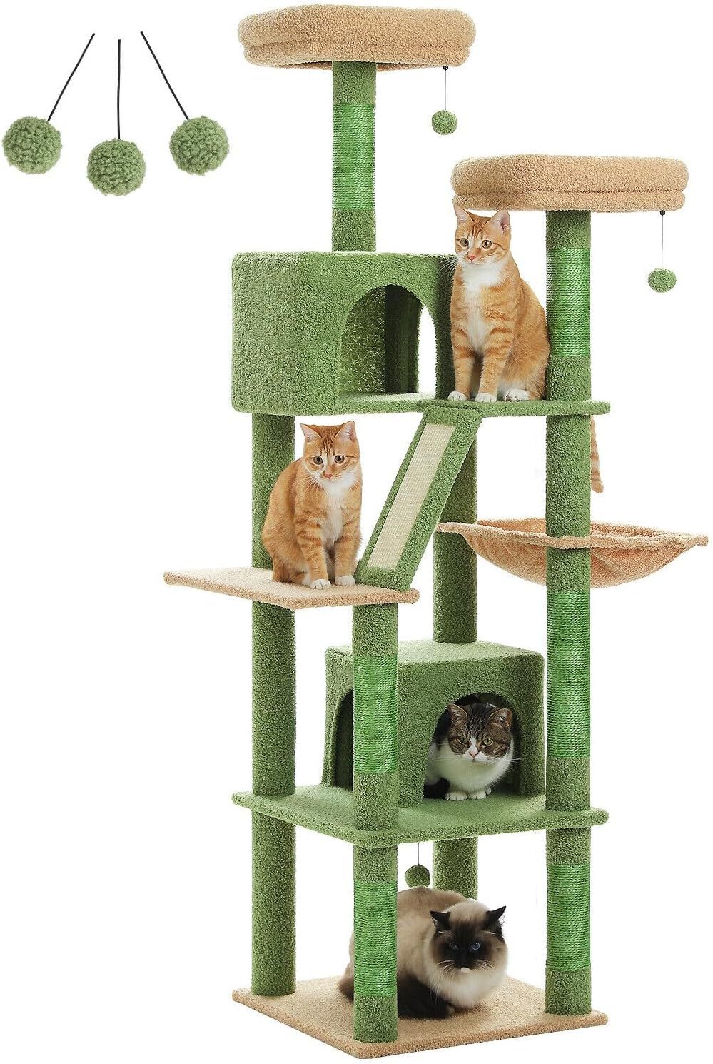 PAWZ Road 180cm Large Cat Tree For Indoor Cats, Multi-Level Cat Tower Cat Scratching Post With 2 Perches, 2 Condos, Hammock And 2 Pompoms Grey