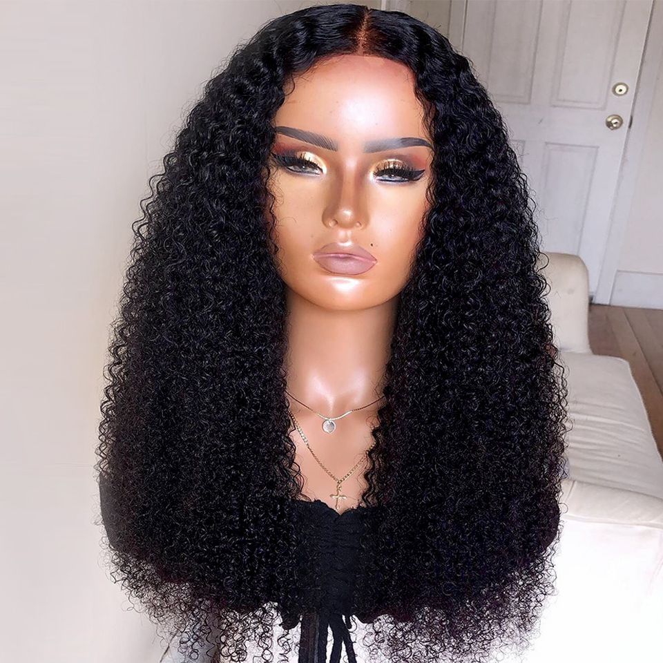 Density Long Kinky Curly Wig Lace Front Human Hair Fluffy