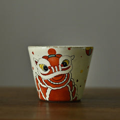 Vintage Rough Pottery Hand Painted Lion Happy Lion Master Cup Teacup