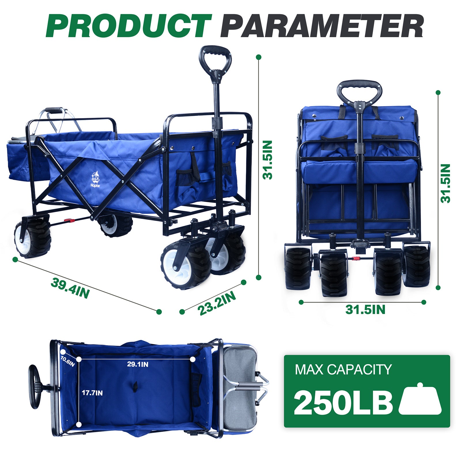 Collapsible Wagon,Wagons Carts Foldable Grocery Cart On Wheels Beach Wagon Foldable Cart With Wheels, Cooler Bag, Cup Holders,Cargo Net,Shopping, Garden,SportsBlue