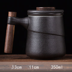 Black Ceramic Cup Wooden Handle Filter Tea Cup Ceramic