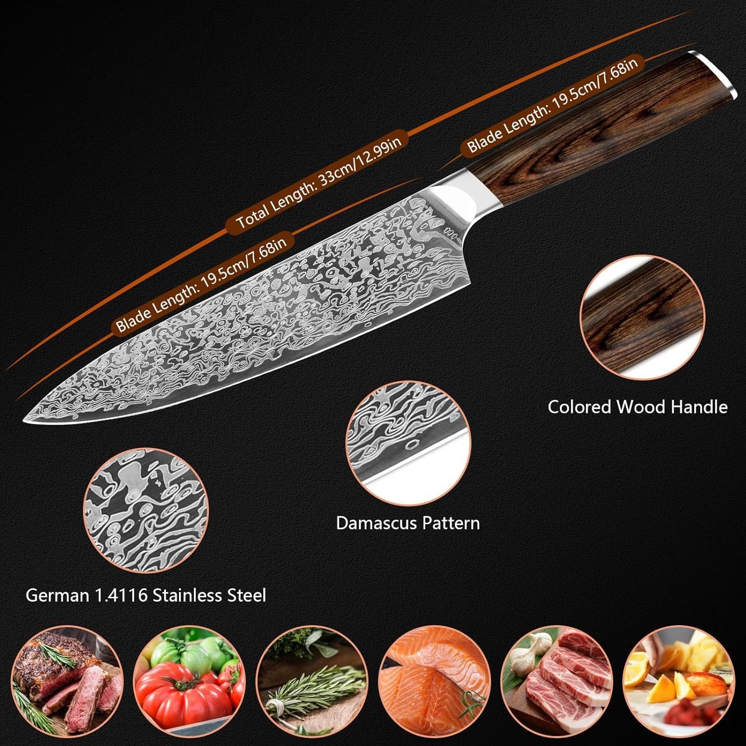 Japanese Vanadium Steel Chef Knife, 7.8 INCH Sharp Kitchen Knives With Laser Pattern And Rosewood Handle