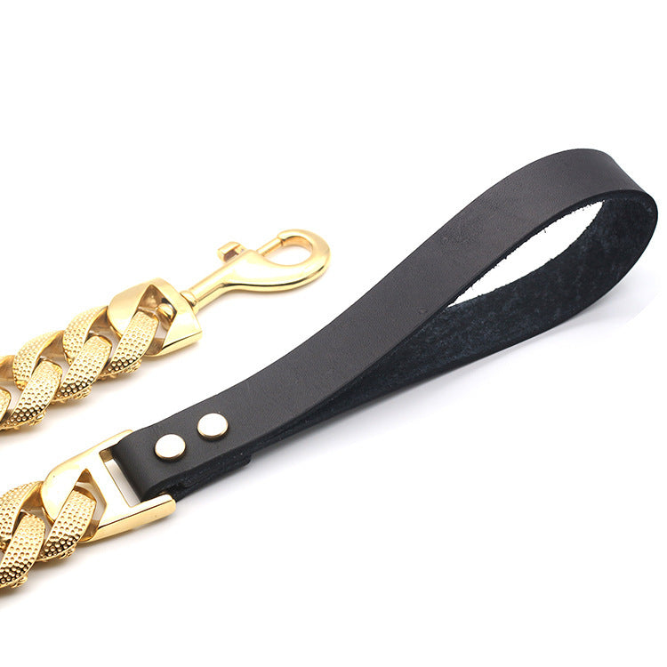 Golden Stainless Steel Leather Dog Chain