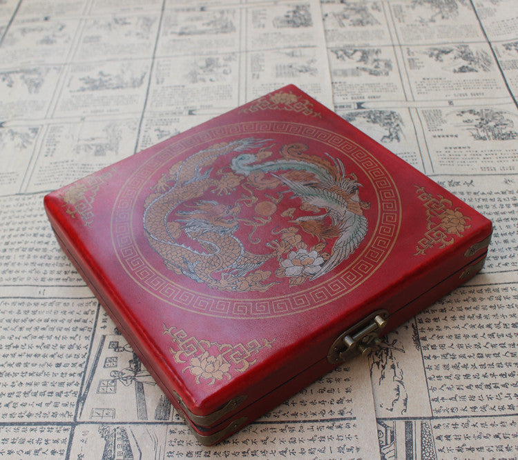 Miniature Three-dimensional Qing Bing Pieces Antique Leather Box Set Chess