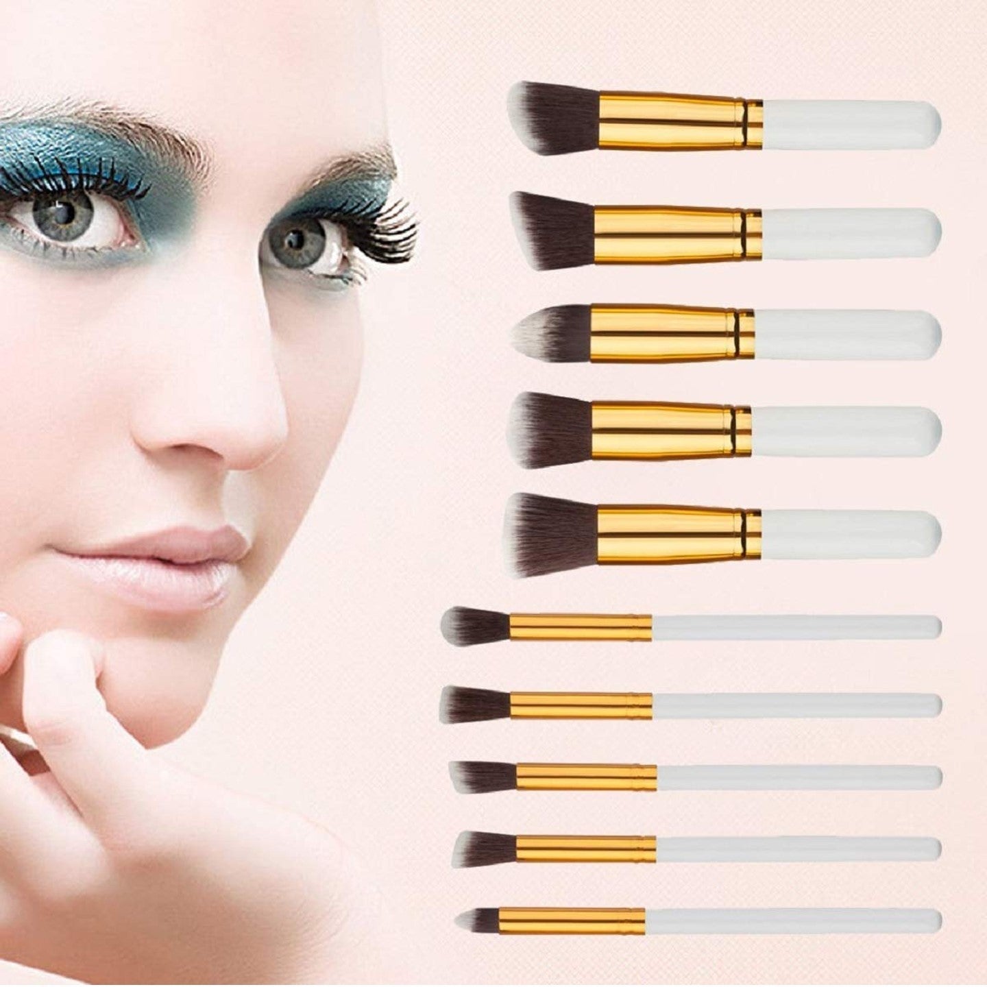 10 Pcs Makeup Brushes Set For Travel Set Synthesized White Glod With Bag