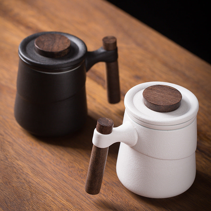 Black Ceramic Cup Wooden Handle Filter Tea Cup Ceramic