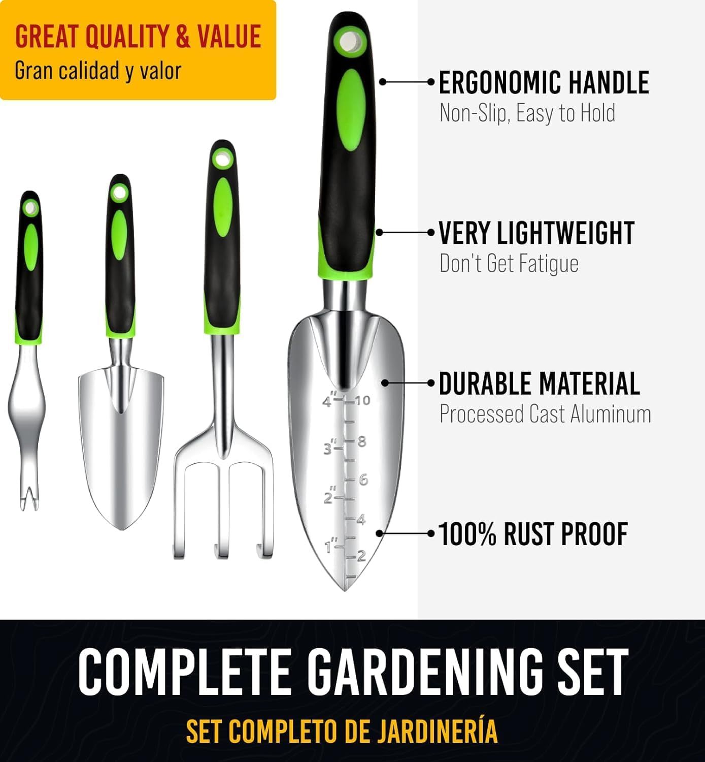 Heavy Duty Garden Tools 9Pieces Set - Rust Proof, Ergonomic Gardening Hand Tools Garden Gifts For Mom And Dad